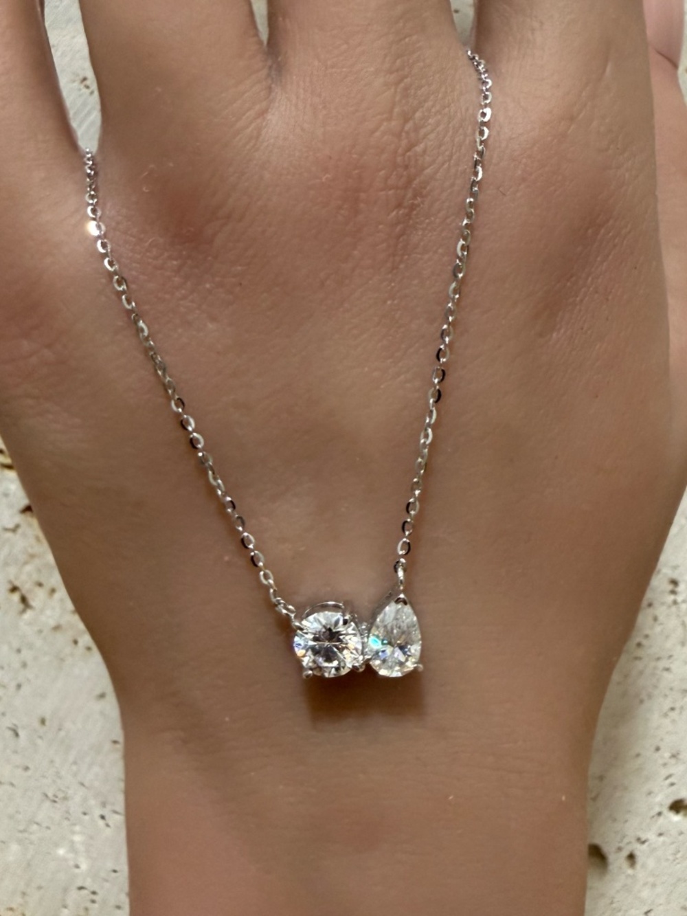 Silver Necklace with Round and Teardrop Moissanite Toi Et Moi Pendant 2CTW